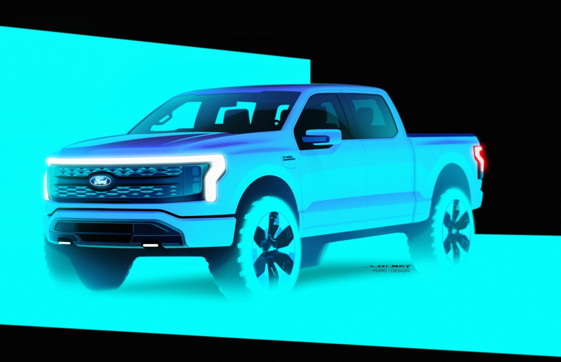 Front view Ford F-150 Lightning glamour sketch by senior exterior designer, Josh Henry